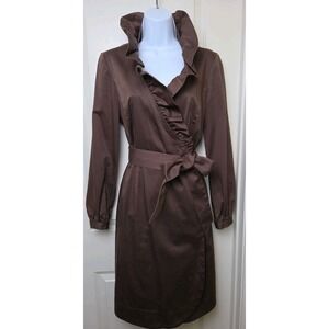 Elizabeth McKay Ruffled Wrap Dress Sz 2 Brown Fall City Long Sleeve Bow Tie Belt